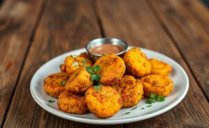Deliciosa Coxinha de Batata-doce dourada e crocante, servida com molho, em um prato rústico.