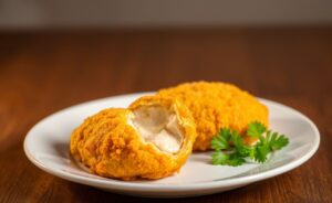 Coxinha de Frango Cremosa dourada com crosta crocante e recheio cremoso, decorada com salsinha.