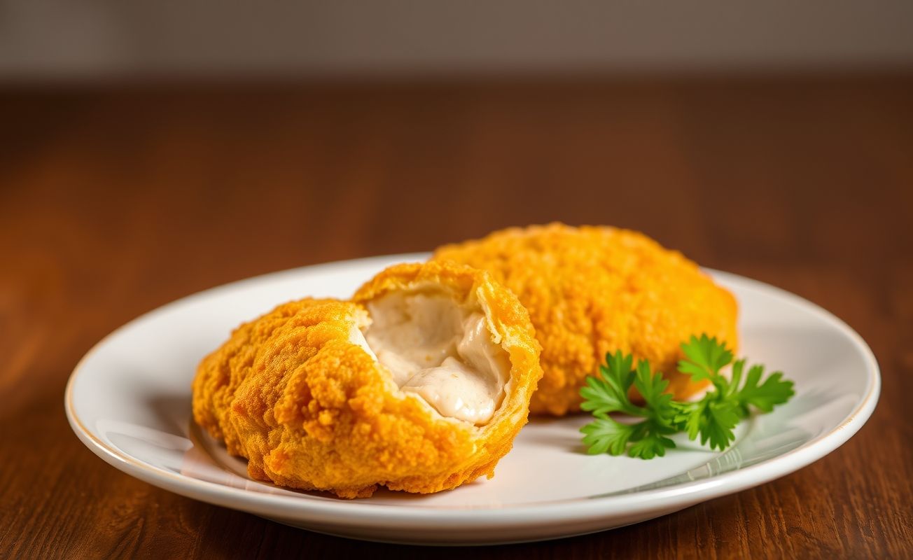 Coxinha de Frango Cremosa dourada com crosta crocante e recheio cremoso, decorada com salsinha.