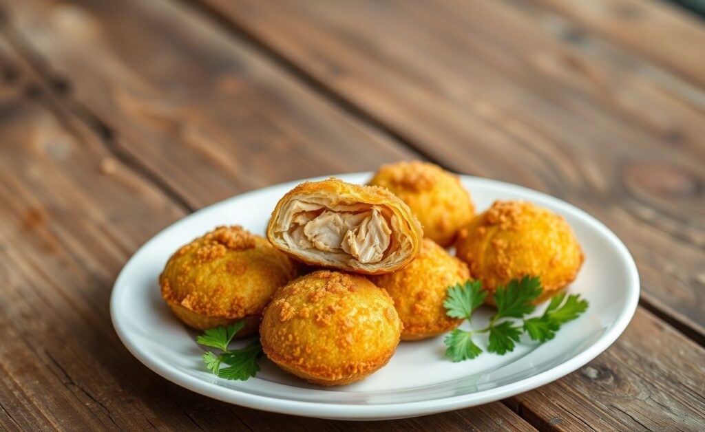 Coxinha de frango que desmancha na boca, com crosta dourada e recheio cremoso à mostra.