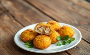 Coxinha de frango que desmancha na boca, com crosta dourada e recheio cremoso à mostra.