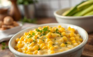 Creme de milho fácil e delicioso para acompanhar tudo, servindo um prato cremoso em tons dourados com ervas verdes frescas.