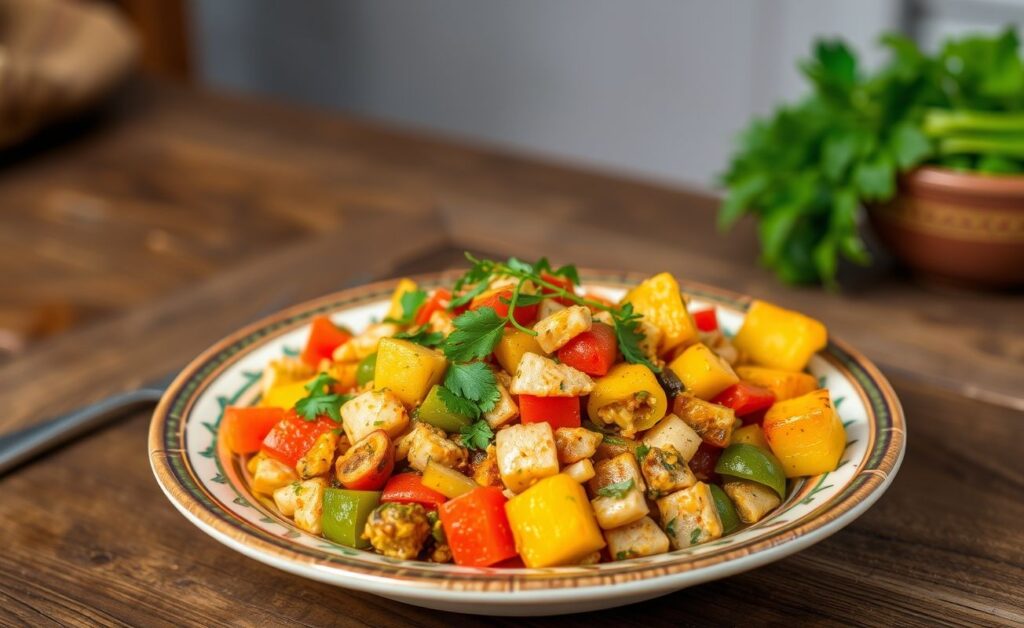 Delicious Cuscuz Nordestino com Legumes served in a bowl, showcasing bright colors and fresh ingredients.