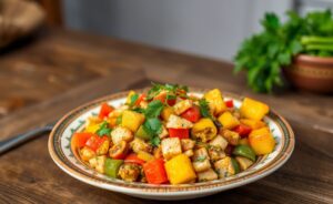 Delicious Cuscuz Nordestino com Legumes served in a bowl, showcasing bright colors and fresh ingredients.