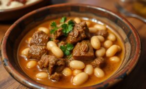 Deliciosa Dobradinha com Feijão Branco servida em prato rústico com guarnição de salsa fresca.