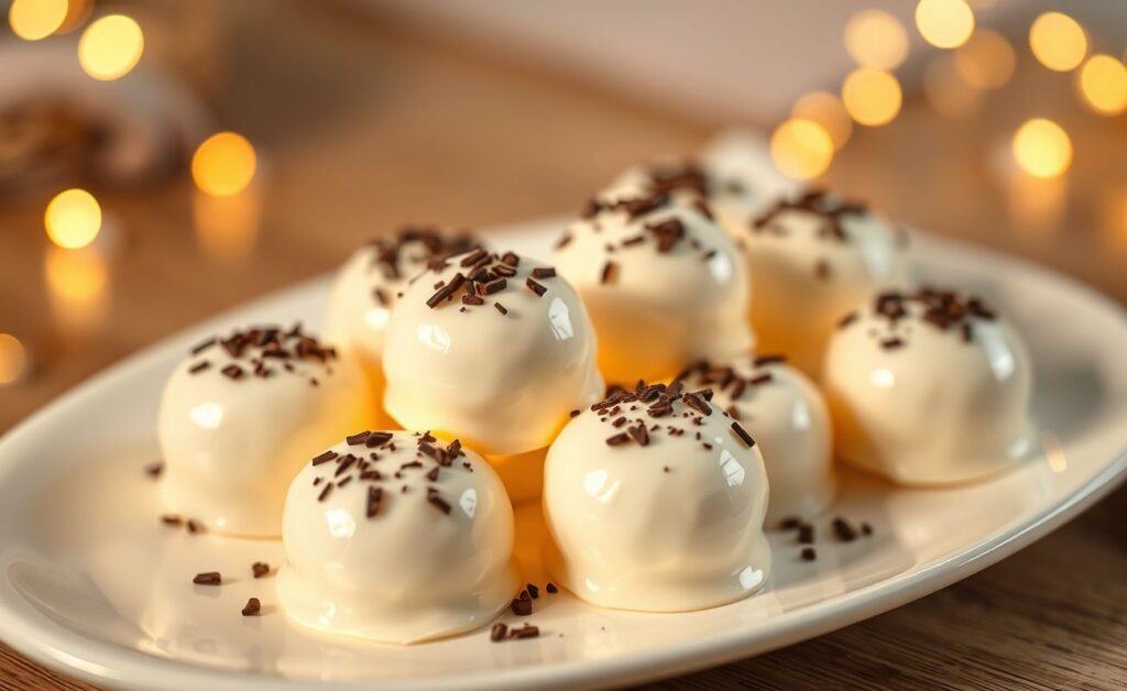 Docinho de leite ninho que derrete na boca, coberto com chocolate granulado, em um prato branco.
