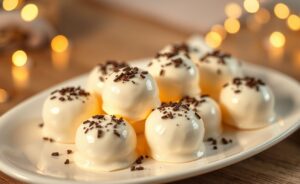 Docinho de leite ninho que derrete na boca, coberto com chocolate granulado, em um prato branco.