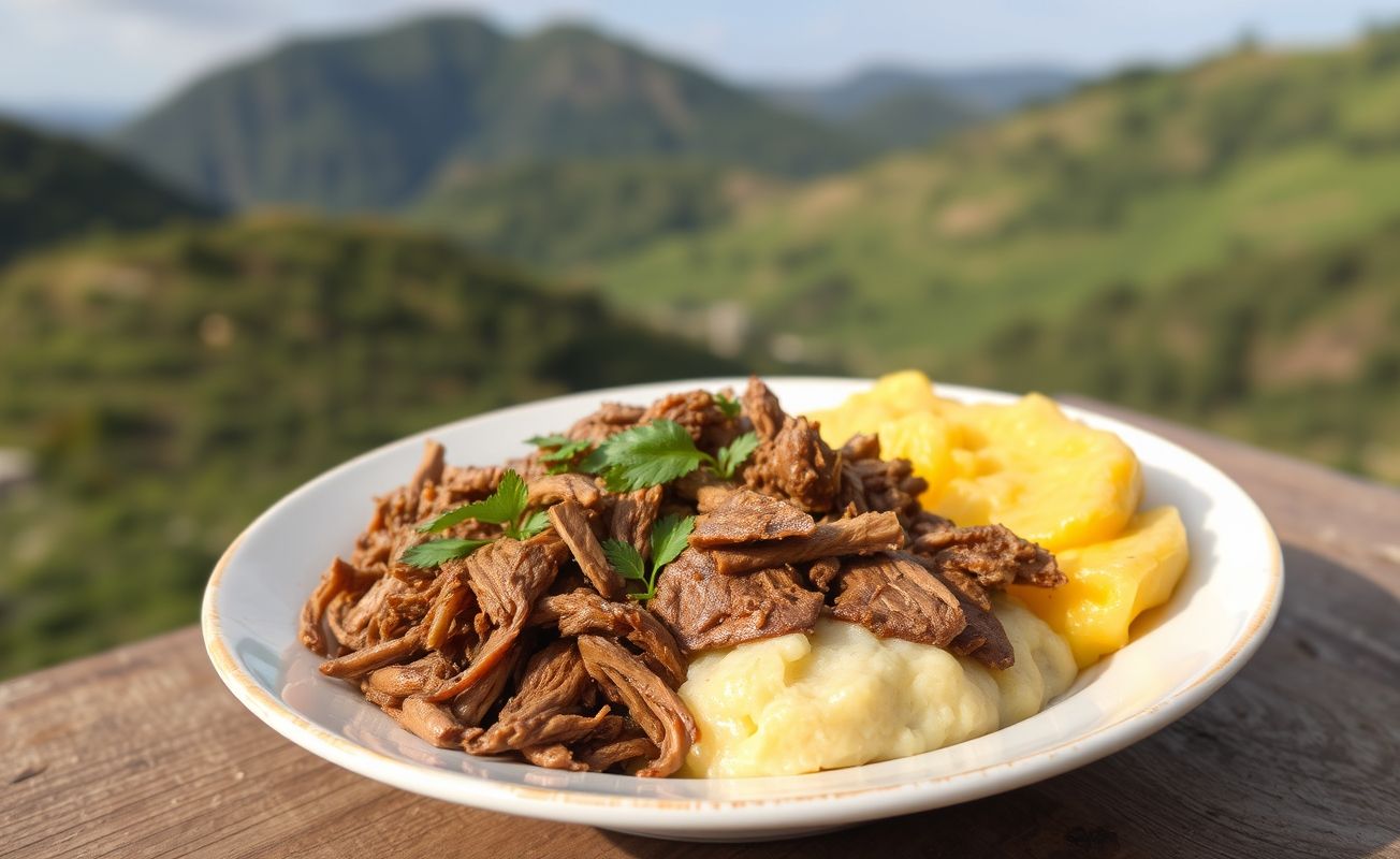 Escondidinho cremoso com carne seca desfiada.