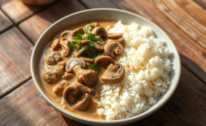 Receita de estrogonofe simples e irresistível com frango cremoso e champignon, servido com arroz branco.