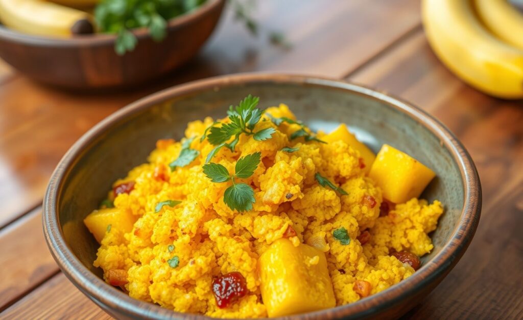 Um prato apetitoso de Farofa de Banana-da-Terra com cores vibrantes e textura crocante, decorado com ervas frescas.
