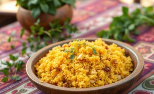 Farofa de Castanhas crocante em um bowl rústico, com ervas frescas ao fundo.