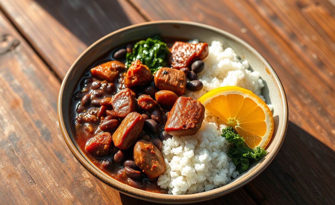 Feijoada Completa: O Clássico Brasileiro com cores vibrantes e texturas ricas, servido em uma tigela charmosa.