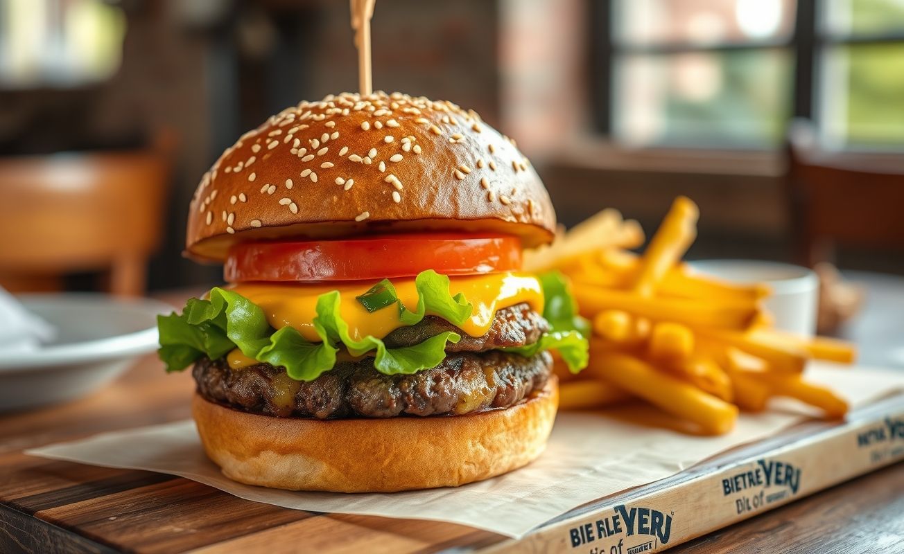 Delicious Hambúrguer Artesanal Suculento with melted cheese, fresh vegetables and crispy fries.