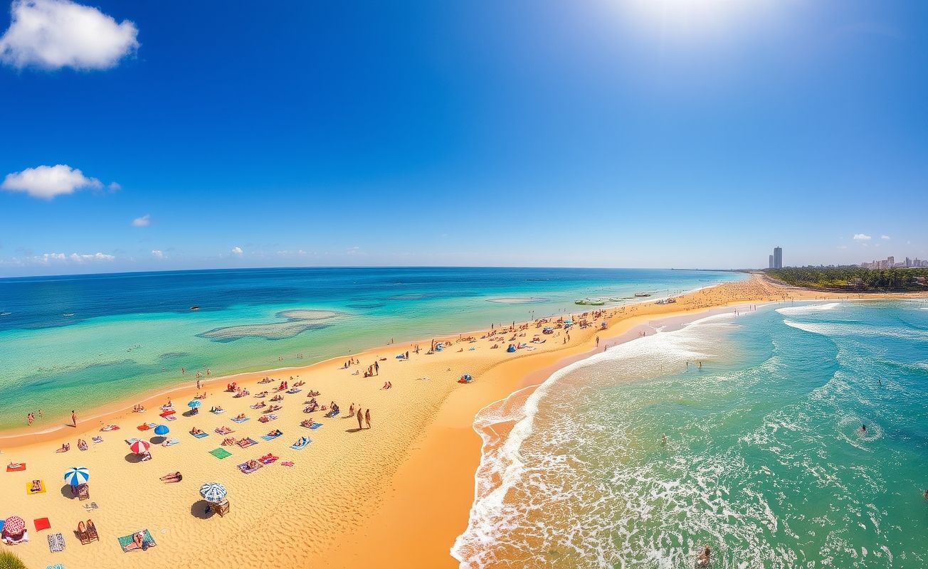 Praia ensolarada em Salvador com pessoas relaxando.