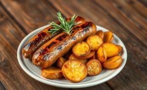 Linguiça assada com batatas em 30 minutos, mostrando linguiças douradas e batatas crocantes em um prato rústico.