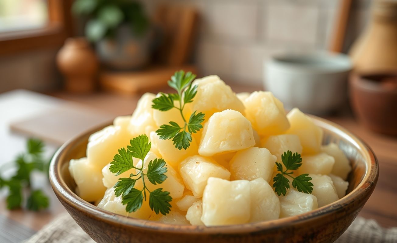 Prato de Mandioca Cozida Perfeita, com textura macia e decorado com salsinha fresca.