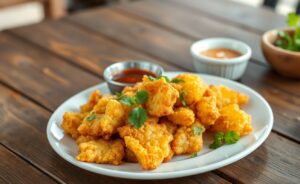 Deliciosa Mandioca Frita Crocante dourada e crocante, servida com molhos variados.