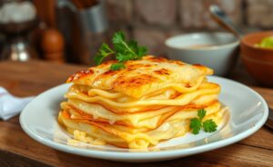 Mandioca Gratinada com crosta dourada, queijo derretido e decorada com ervas frescas.