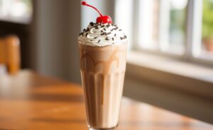 Milkshake cremoso igual ao do Bob’s servido em um copo alto com chantilly e granulado por cima.