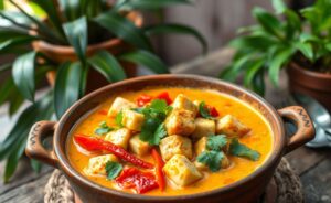 Prato de Moqueca Vegana com tofu, pimentões coloridos e molho cremoso em um pote rústico.