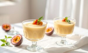 Mousse de maracujá rápida e sem gelatina em taças transparentes, decoradas com sementes frescas e folhas verdes.