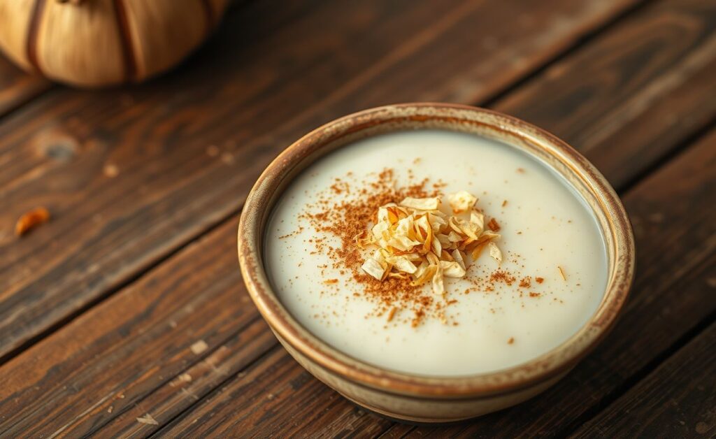 Delicious Mungunzá com Coco served in a rustic bowl, topped with cinnamon and toasted coconut flakes.