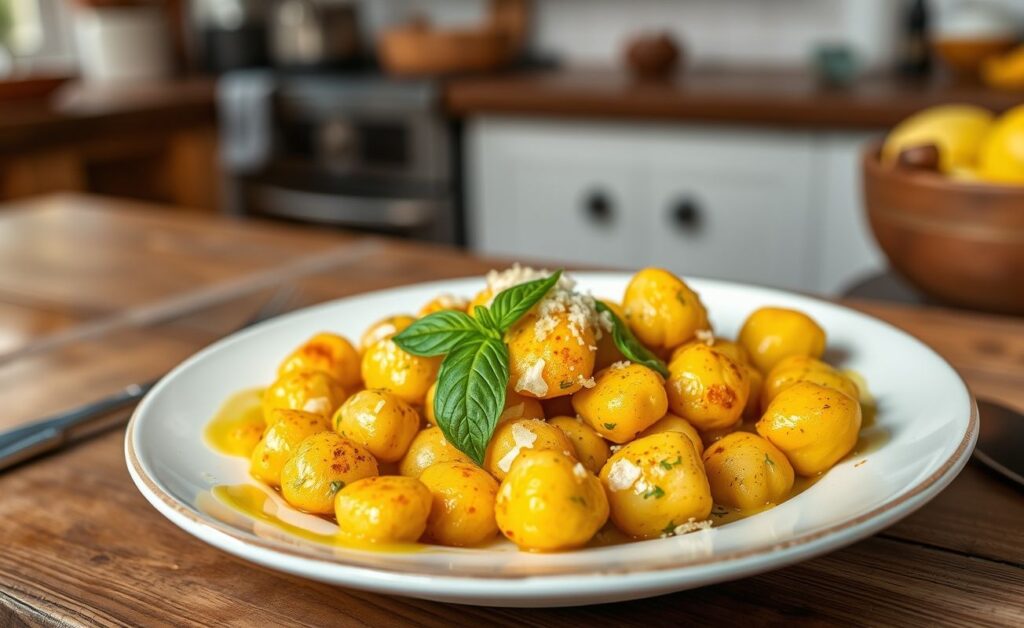 Receita de nhoque leve que não desmancha, prato com nhoques dourados, ervas frescas e queijo.