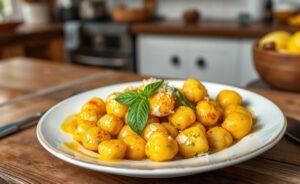 Receita de nhoque leve que não desmancha, prato com nhoques dourados, ervas frescas e queijo.