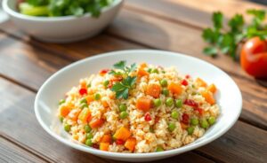 O arroz à grega mais colorido e soltinho com cenouras laranja, ervilhas verdes e pimentões vermelhos em um prato bonito.