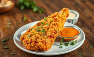 O segredo do frango empanado crocante de restaurante apresentado em um prato rústico, dourado e crocante.