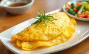 Omelete fofinha de frigideira estilo japonês com textura macia e decorada com cebolinha, apresentada em um prato branco.