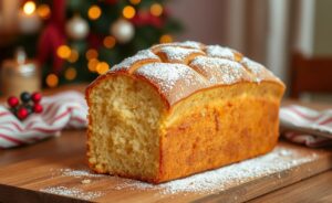 Delicioso Panetone caseiro fofinho e cheiroso com textura macia e cobertura de açúcar em um ambiente natalino.