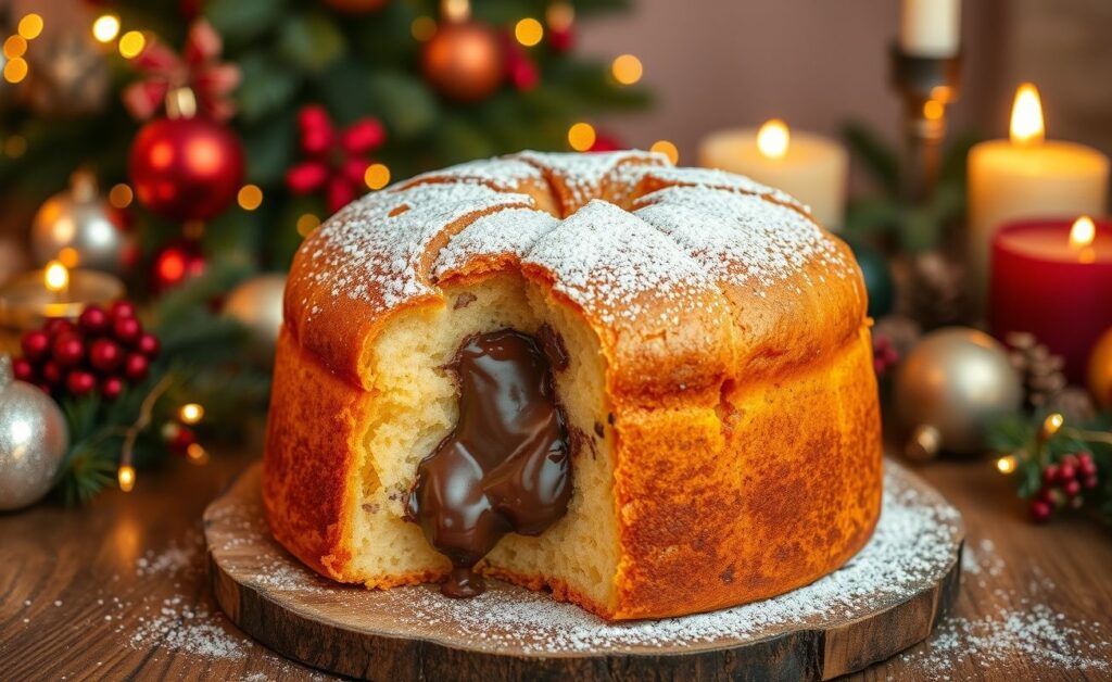 Panetone recheado trufado para vender ou saborear com cobertura de açúcar em cima e pedaços de chocolate visíveis.