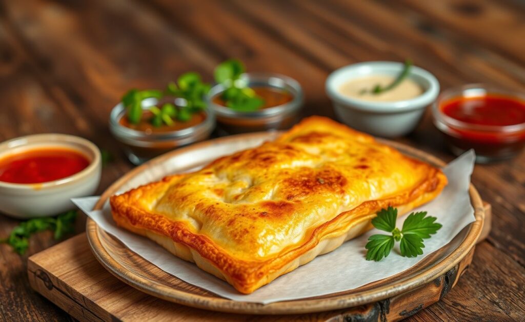 Pastel de Angu crocante e dourado, servido com ervas frescas e molhos coloridos.