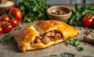 Delicious golden Pastel de Feira: Crocante e Delicioso with a crispy exterior and juicy filling.