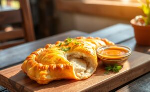 Delicious golden brown Pastel de Vento served with herbs and sauce, showcasing its crispy texture.