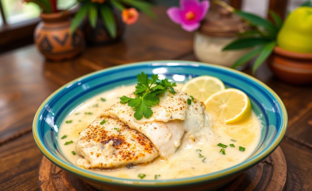 Delicioso Peixe ao Molho de Coco servido em prato colorido, com molho cremoso e decorado com coentro fresco.
