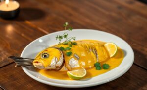 Delicious Peixe ao Molho de Tucupi with vibrant yellow sauce, garnished with herbs and lime slices.