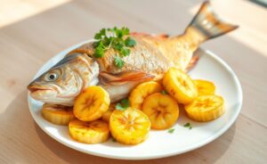 Prato final de Peixe com Banana, mostrando filés dourados e fatias de banana caramelizadas, decorados com ervas frescas.