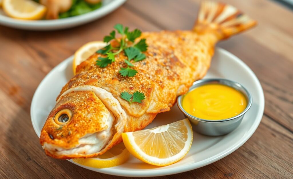 Peixe Frito com Molho Tártaro servido em um prato decorado com limão e salsinha fresca.