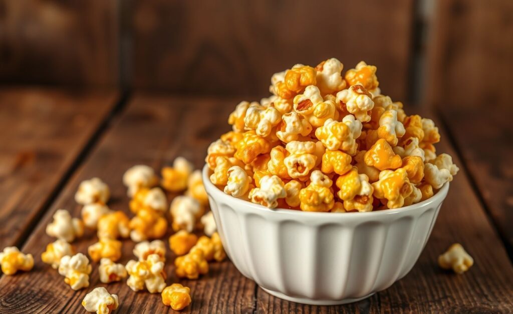Pipoca caramelizada crocante tipo cinema em uma tigela decorativa, com textura dourada e brilhante.