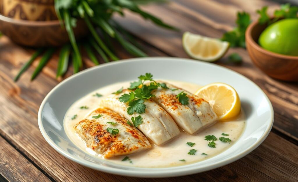 Pirão de Peixe com Leite de Coco cremoso servido em prato rústico com coentro fresco.