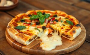 Pizza caseira com borda recheada, cheia de queijo derretido e coberta com vegetais frescos em um fundo rústico.