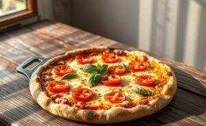 Receita de pizza de frigideira em 10 minutos com queijo derretido, tomates frescos e manjericão, crocante e apetitosa.
