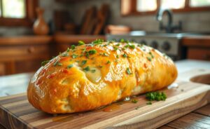 Delicious Pão de Alho Caseiro, golden brown and crispy, garnished with parsley on a wooden board.