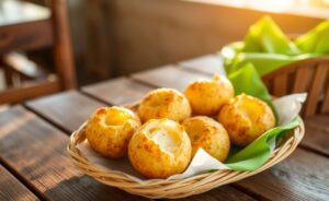 Delicioso Pão de Queijo de Tapioca crocante por fora e macio por dentro, servido em uma cesta colorida.
