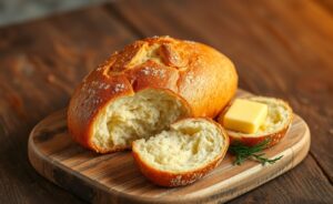 Pão Sovado dourado com crosta crocante e miolo macio, servido com manteiga e ervas frescas.