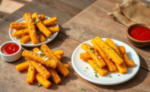 Deliciosa Polenta Frita Crocante dourada, servida com queijo ralado e molho ao lado.