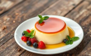 Pudim de Leite Condensado Perfeito com caramelo brilhante e decoração com frutas frescas.