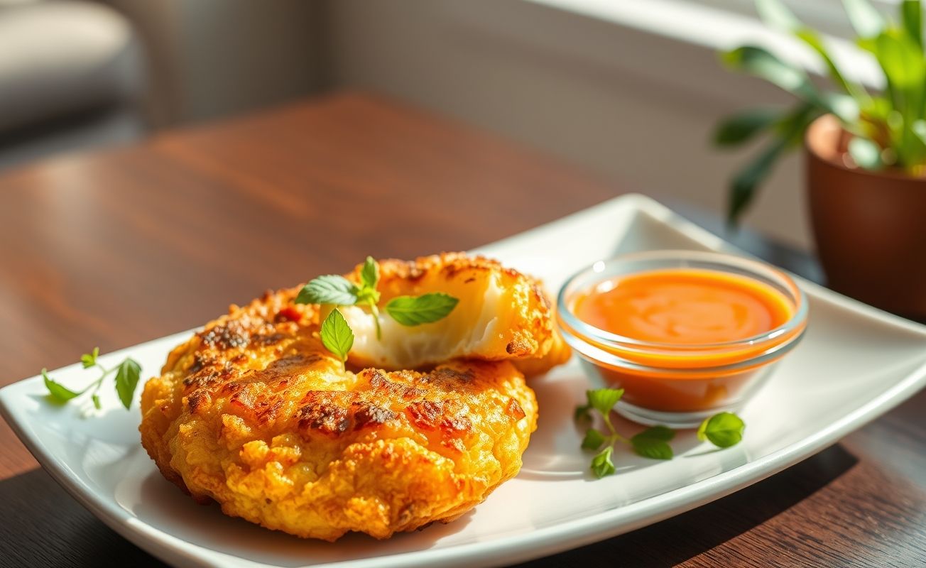 Delicious Queijo Coalho na Airfryer with a crispy golden crust and melted cheese inside, garnished with herbs.